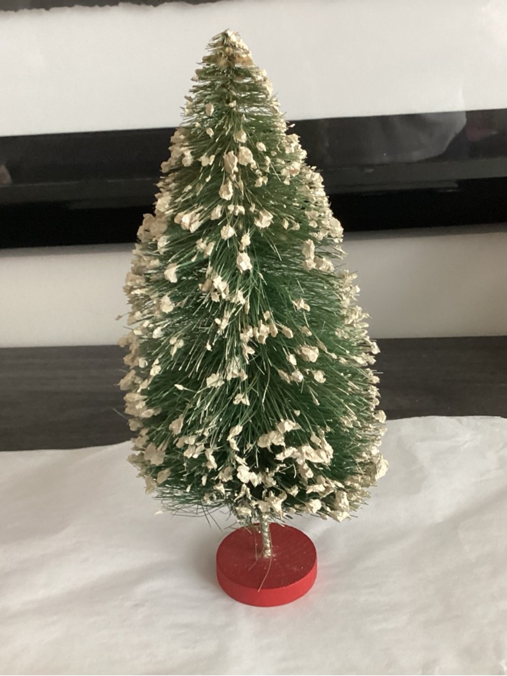 VTG. Sisal Christmas Tree decor, flocked bottle brush tree. Highly collectible